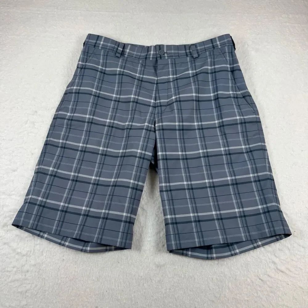 Nike Golf Shorts Mens Size 32 Gray Plaid Microfiber 11 Inseam Stretch Pockets